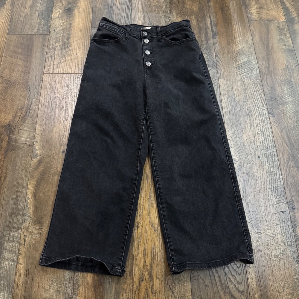 Levis Mile High Cropped Wide Leg Jeans Black Button Fly Womens 29x25 Y2K 90s